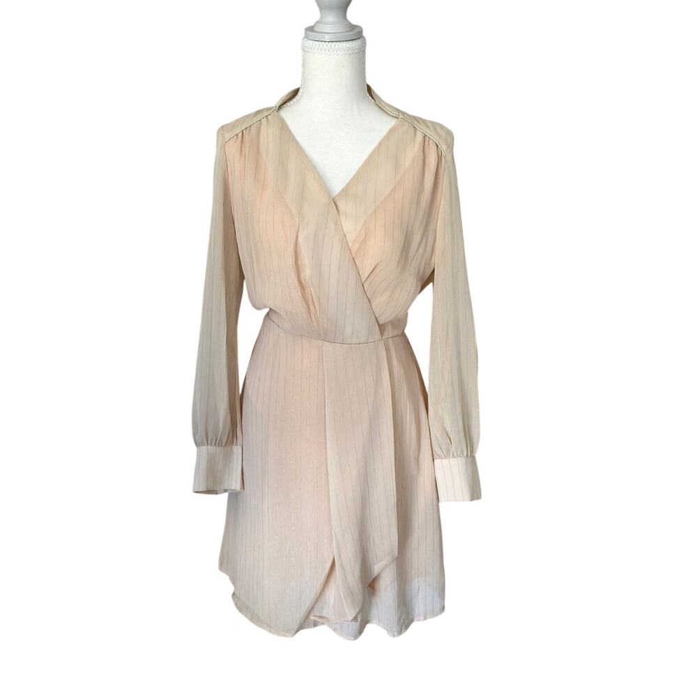 Renuar Blush Wrap Dress Size 38 Long Sleeve Sheer Metallic Stripe Mini